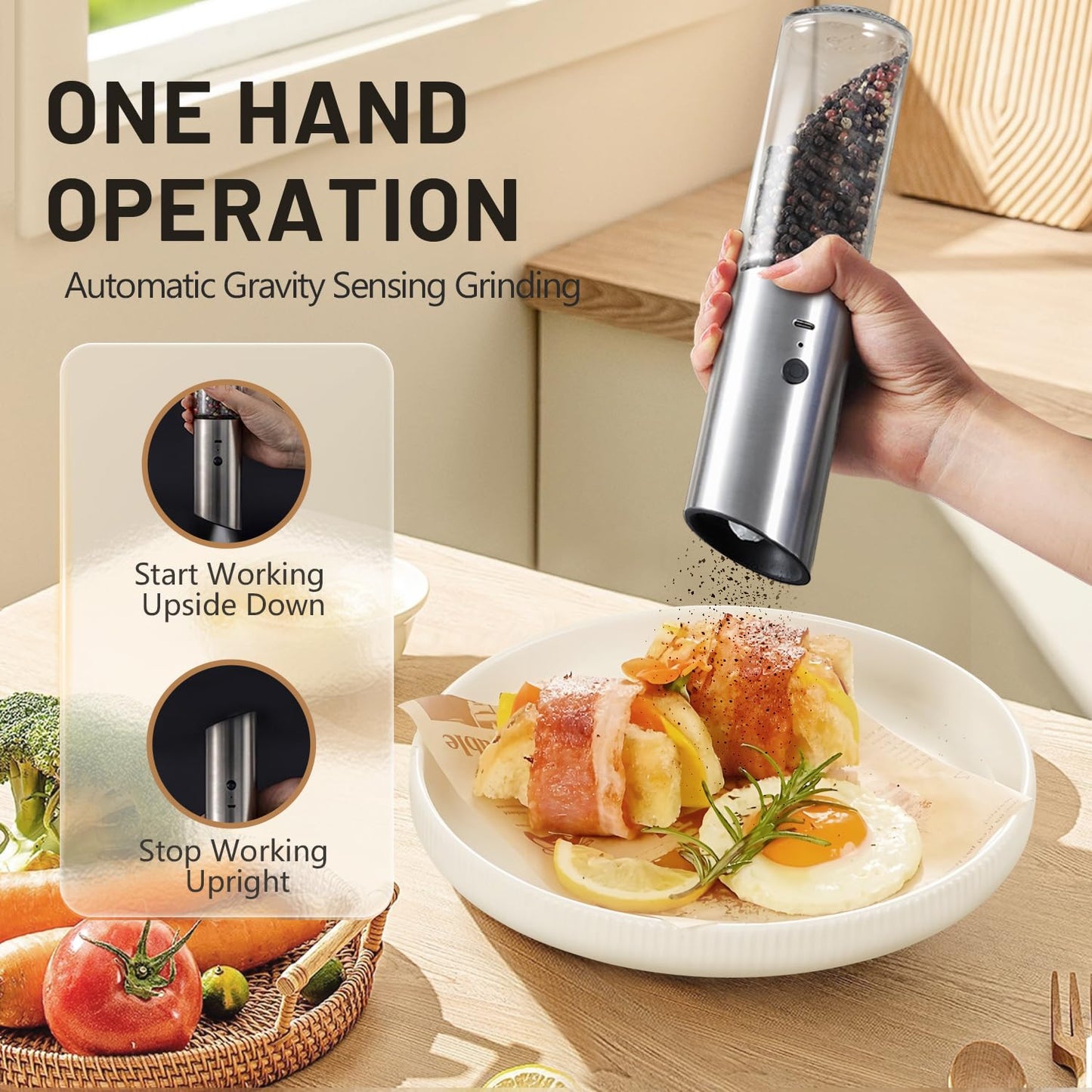 Solisifime Gravity Electric Salt and Pepper Grinder Set, USB Rechargeable Stainless Steel Mills with Large Capacity Tall Glass, LED Light, Adjustable Coarseness, Ideal for Kitchen and Dining(2PCS)