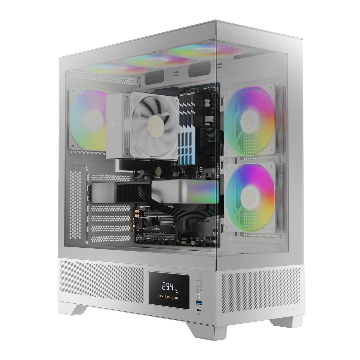 GAMDIAS White Mid Tower Gaming Computer Case w/Display& App, ATX Tempered Glass PC Case, Built-in 3x120mm ARGB PWM Fans, Up to RTX GPU/VGA 410mm & 360mm AIO/Radiator & 6x120mm Fans & 160mm CPU Cooler