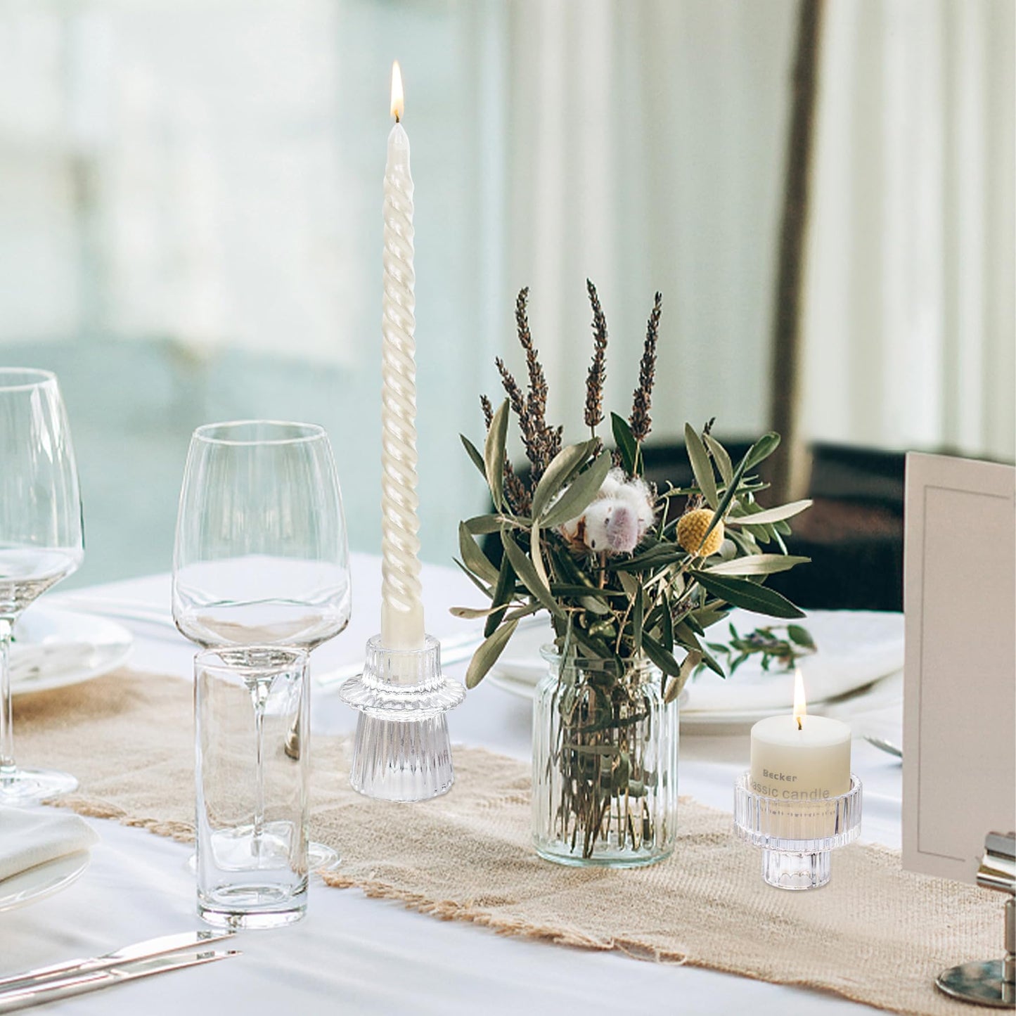 Toptime Candlestick Holders Set of 6, Ribbed Glass Taper Candle Holders, Reversible Clear Tealight & Candle Stick Candle Holder Vintage Crystal Tealight Candle Holder for Wedding Dinner Party