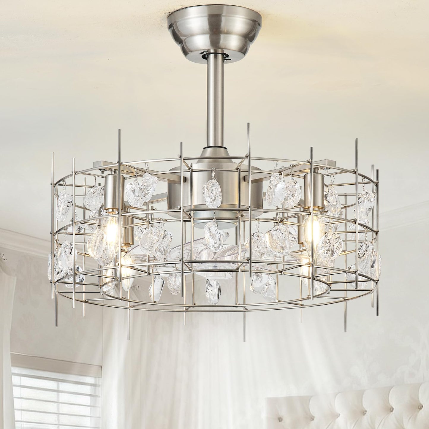 Bexilyny 20” Silver Crystal Chandelier Ceiling Fans, Silver Crystal Fandelier Ceiling Fan with Lights Caged, Remote Control 6 Speed for Living Room, Bedroom, Dining Room