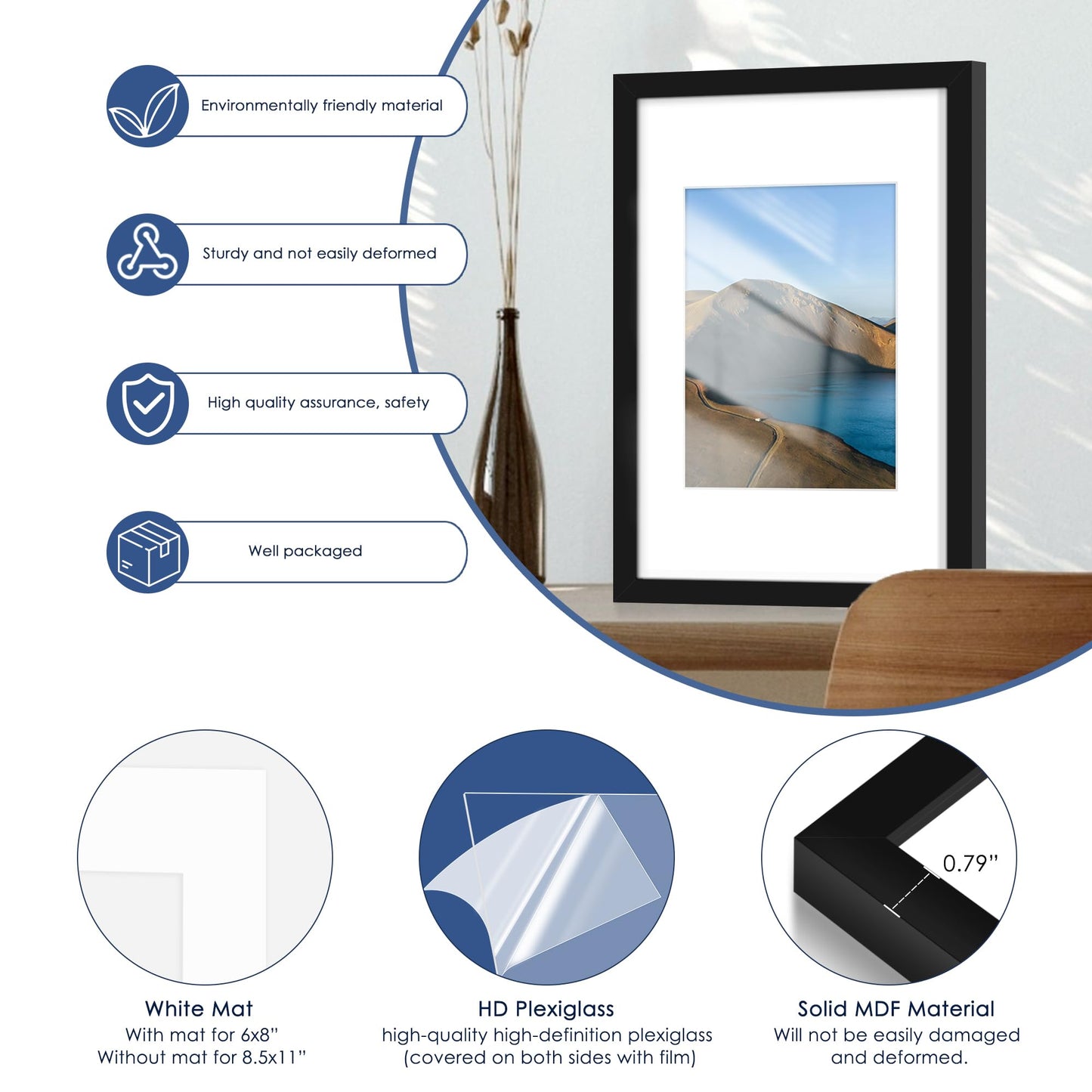 PEALSN 8x12 Picture Frame Set of 6, Display Pictures 6 x 8 with Mat or 8 x 12 Without Mat for Wall Mounting or Table Top Display, Photo Frames Collage for Wall Decor, Black