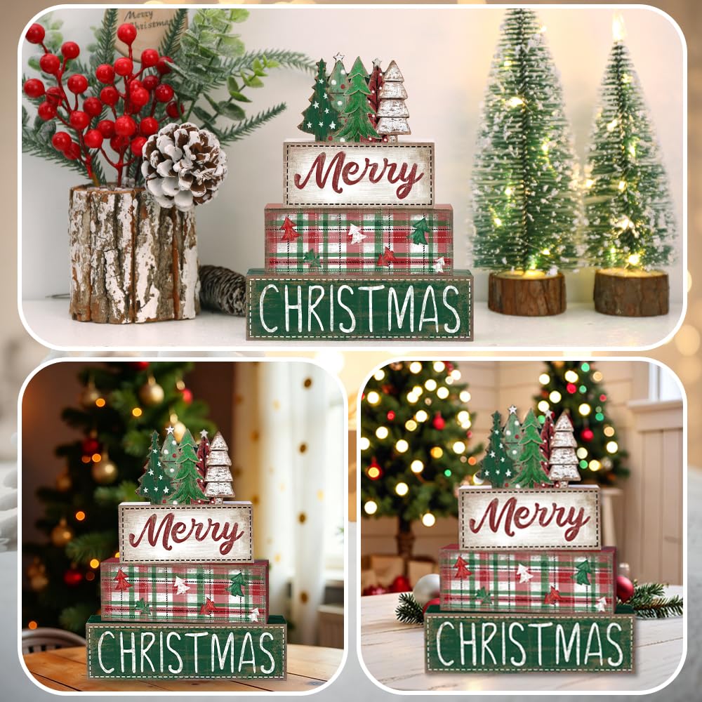 DIYDEC 4Pcs Christmas Table Decoration Green Tree Wooden Block Sign Christmas Tiered Tray Decor Winter Centerpiece Decorative Sign for Xmas Holiday Tabletop Coffee Fireplace Shelf Desk Party Decor