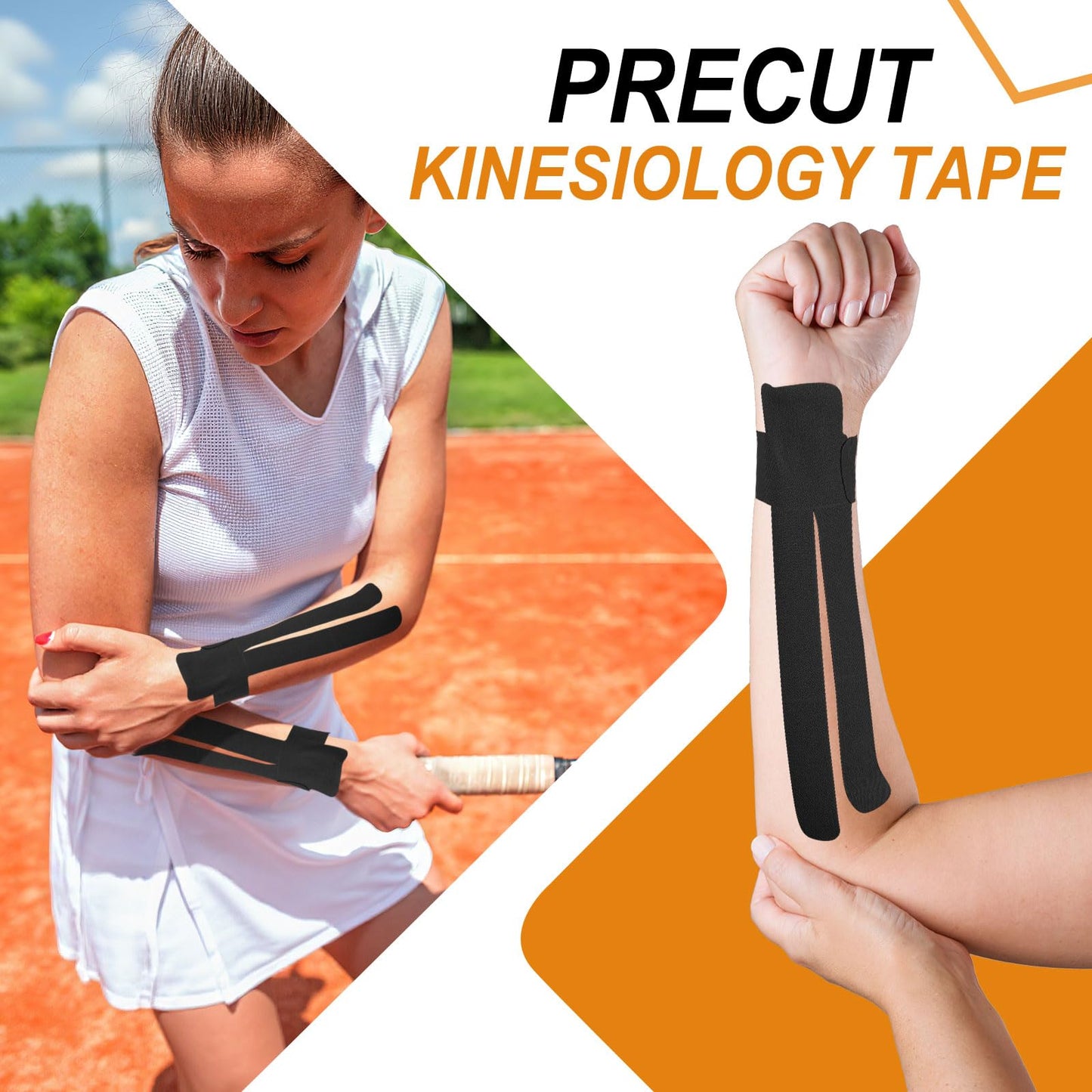 FairySandy 12 Pcs Precut Kinesiology Tape for Pain Relief Waterproof Breathable Kinesiology Athletic Tape Enhance Elastic Pre Cut Strips for Sports Joints Muscle Support (Forearm,Black)
