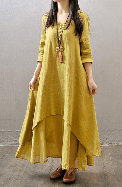 R.Vivimos Women Long Sleeve Cotton Casual Loose Plus Size Irregular Long Dresses