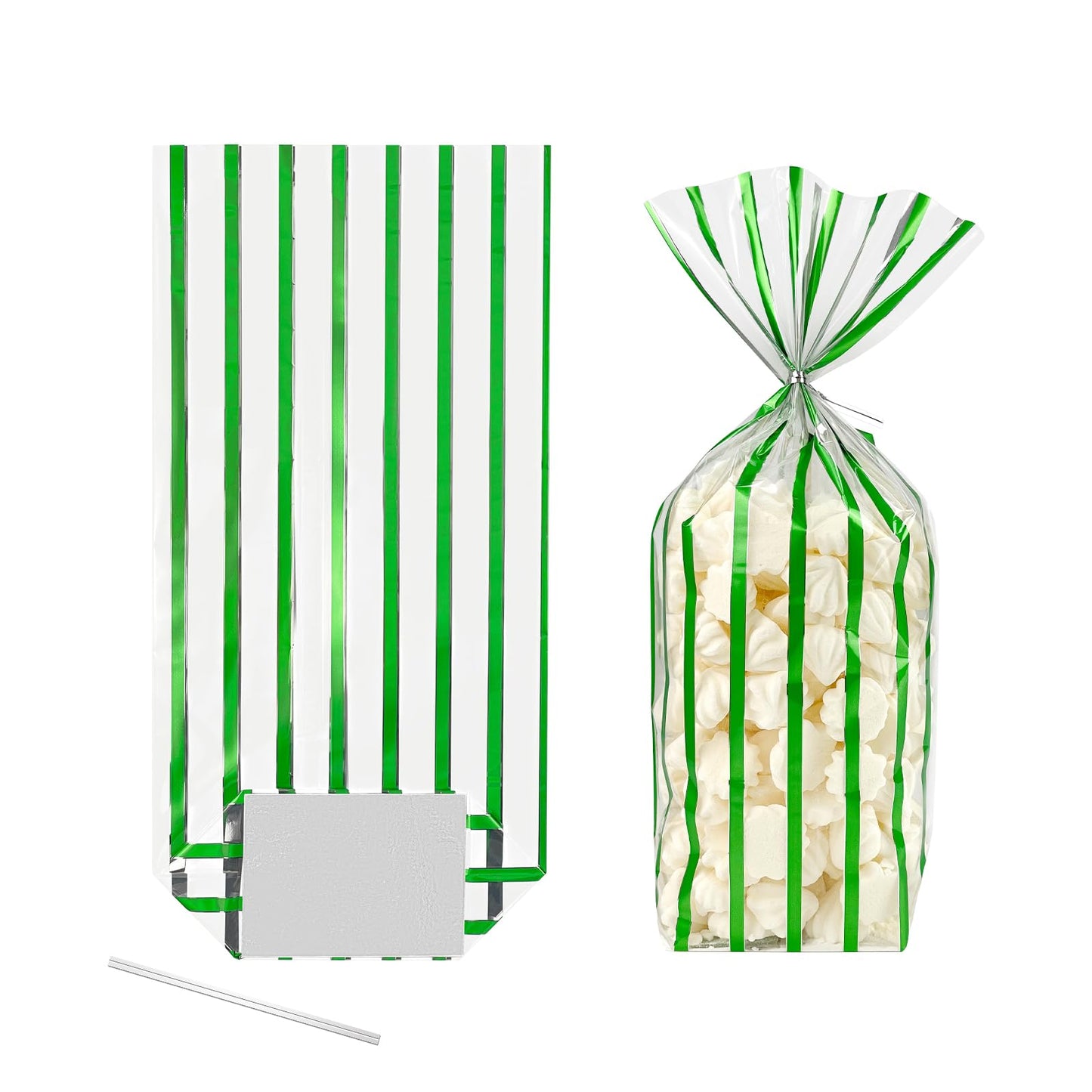 EKAPACKAGING 25 Pcs 3.21x2.42x12in Flat Bottom Cellophane Bags (6x12in Flat Size), Foil Green Stripe Treat Bags with Ties, Heat Sealable Clear Cello Bags for Cookies