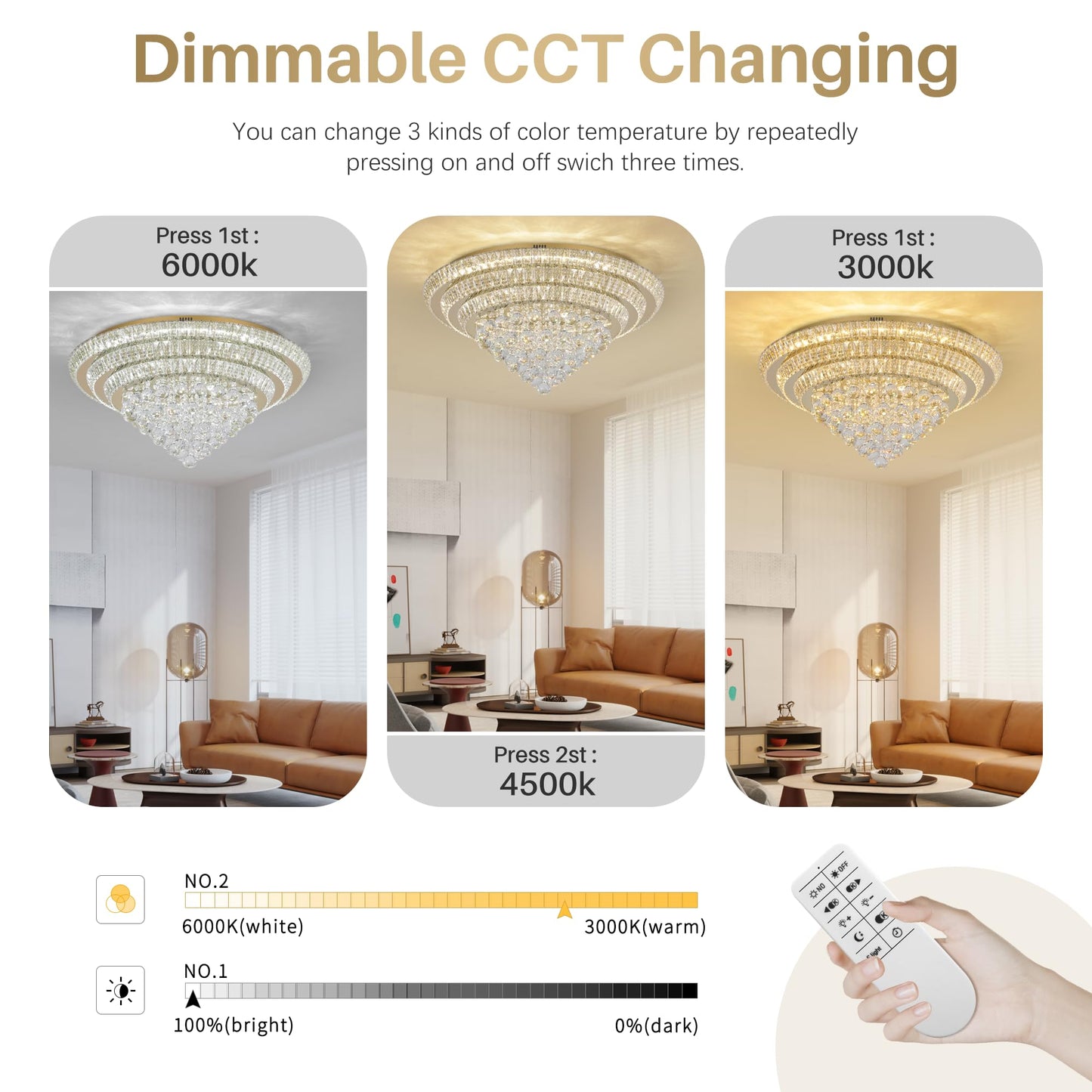 COCOSTAR 30" Gold Crystal Chandeliers, Flush Mount Chandelier LED Ceiling Light, Modern Crystal Raindrop Chandeliers for Dining Room, Living Room, Bedroom