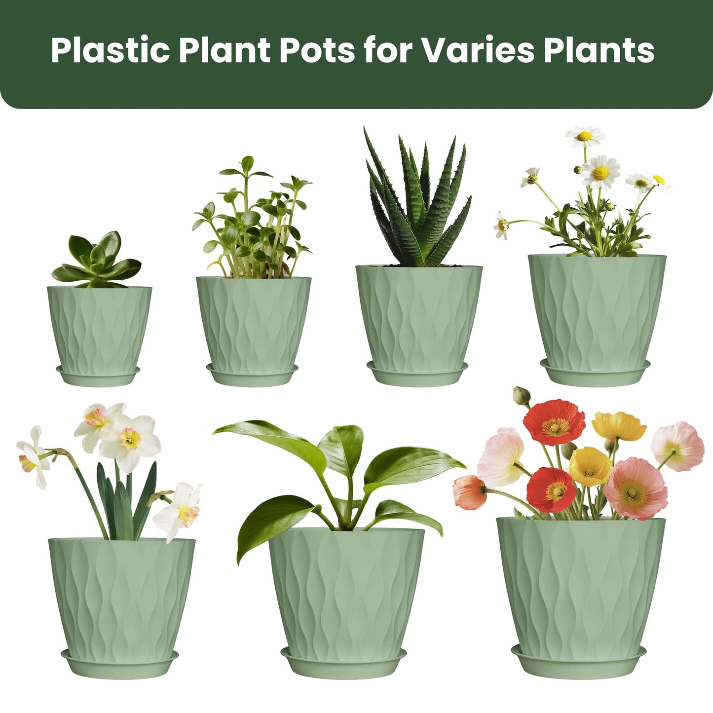 LESOASIS Plastic Plant Pots, 7/6.5/6/5.5/5/4.5/4 inch Flower Pots with Drainage Holes and Trays, 7 Pack Planter for Indoor Outdoor Plants (Green)