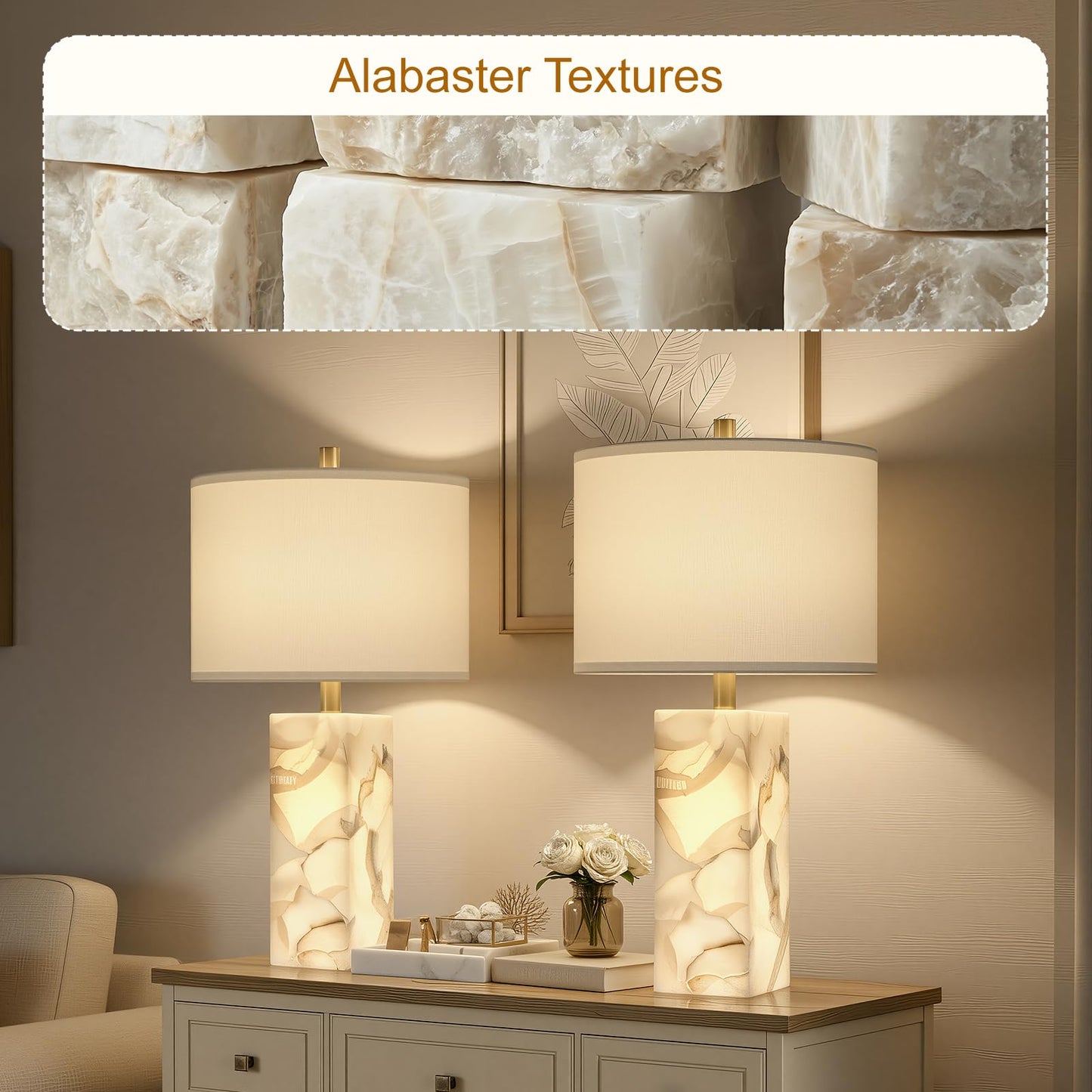 Scenekoy Alabaster Table Lamp Set of 2 with Night Light for Bedroom Living Room, 23" Rotary Switch Bedside Lamp with Linen Shade, Modern Nightstand Lamps for Room Office Dorm (Bulb Included)