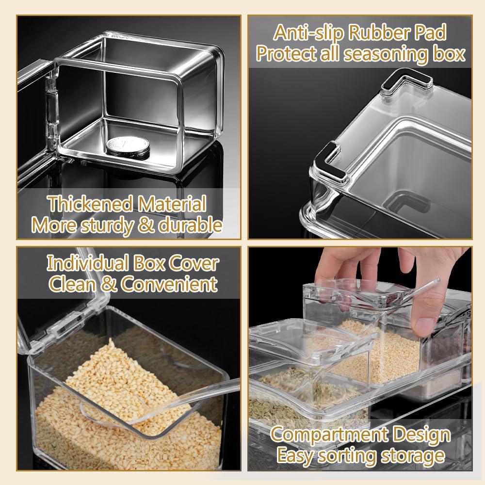 SHAIDOJIO Clear Seasoning Box, 8 Pcs Spice Storage Pots Condiment Container Boxes with Lids and Spoons, Seasoning Rack Spice Jar, Kitchen Seasoning Organizer for Salt, Sugar, Cocoa, Ice Cream Toppings