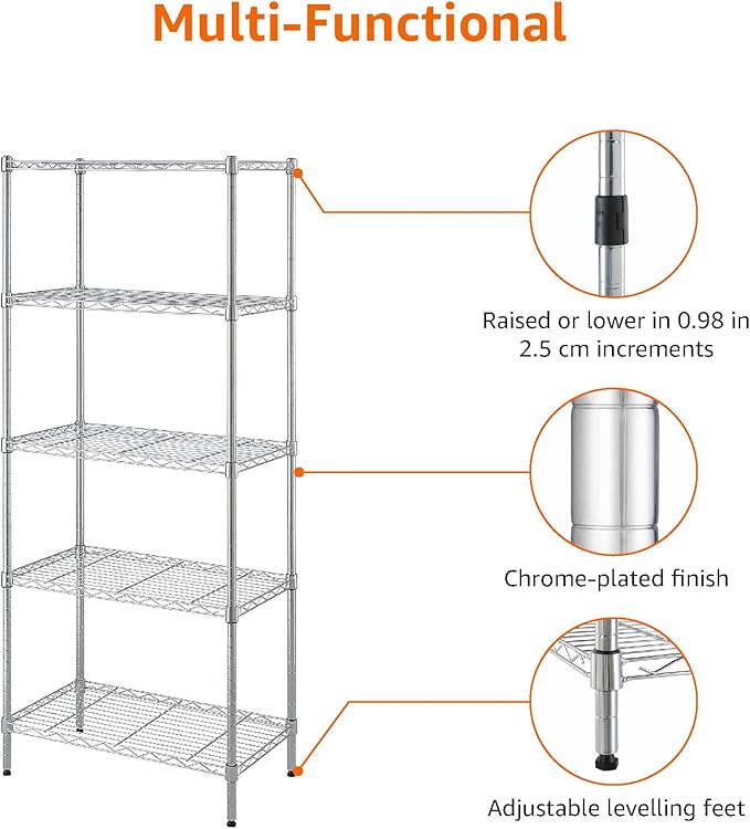 Amazon Basics 5-Shelf Adjustable Storage Shelving Unit for Garage, Steel Wire Rack, 200 Pound Loading Capacity per Shelf, 23.2" x 13.4" x 60", Chrome Finish