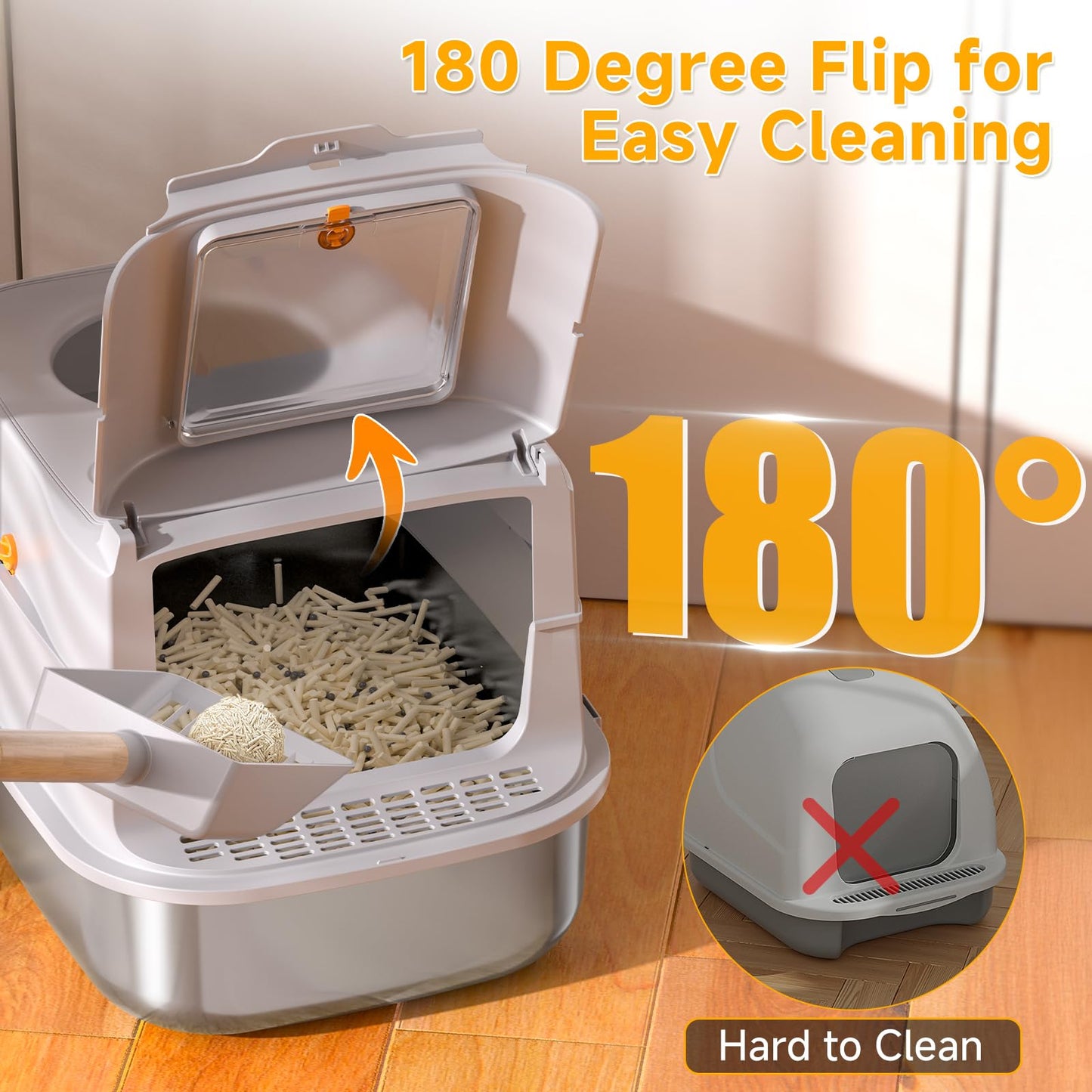 Stainless Steel Cat Litter Box with Lid, XL Extra Large Metal Litter Box for Big Cats, 180° Flip Cover Enclosed Top Entry Litter Boxs with High Sided Enclosure & Scoop, Non-Sticky, Anti-Leakage