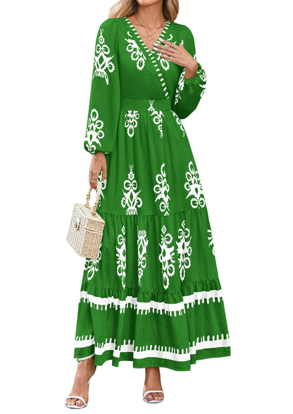 PRETTYGARDEN Women's 2025 Fall Wedding Guest Dresses Boho Floral Long Sleeve V Neck Flowy Elegant Maxi Dress Beach Clothes