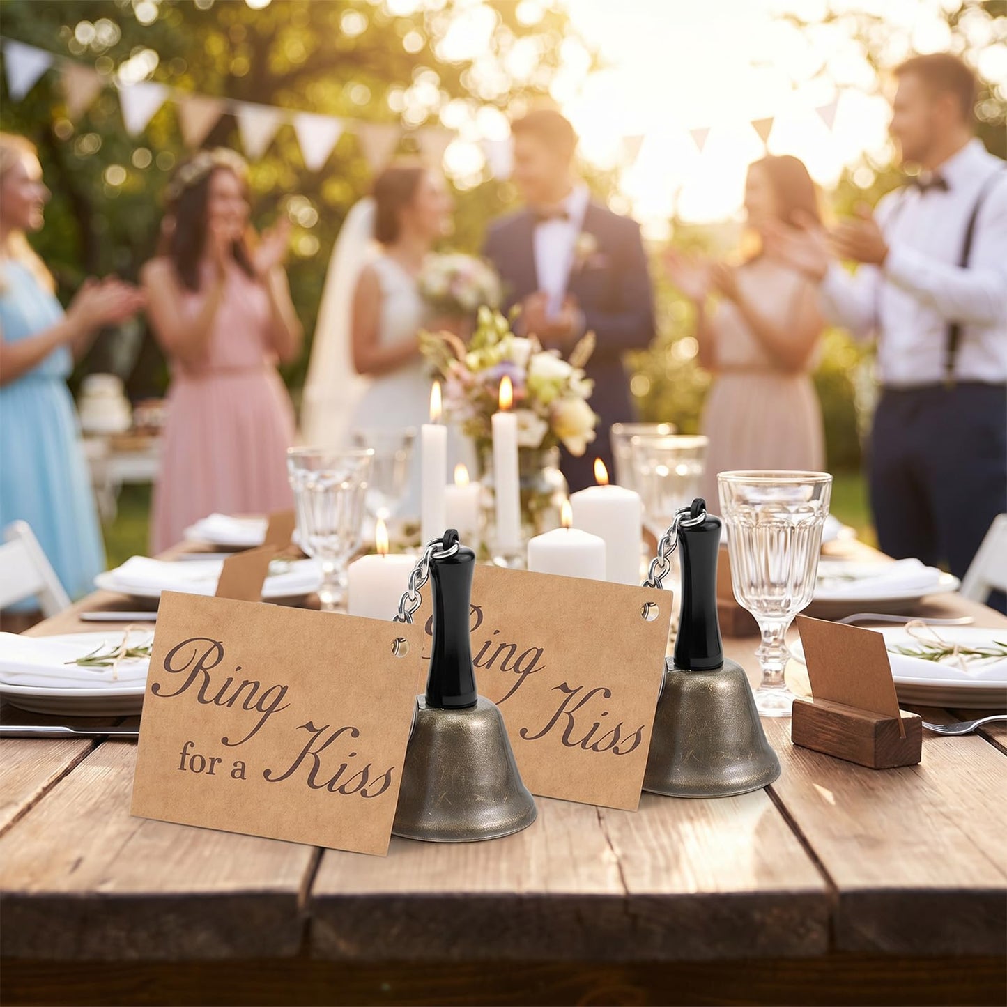24 Set Bronze Wedding Bells with 'Ring for a Kiss' Cards Bulk Kissing Bells for Reception Decorations, Guest Favors, Table Centerpieces & Goodie Bag Party Supplies