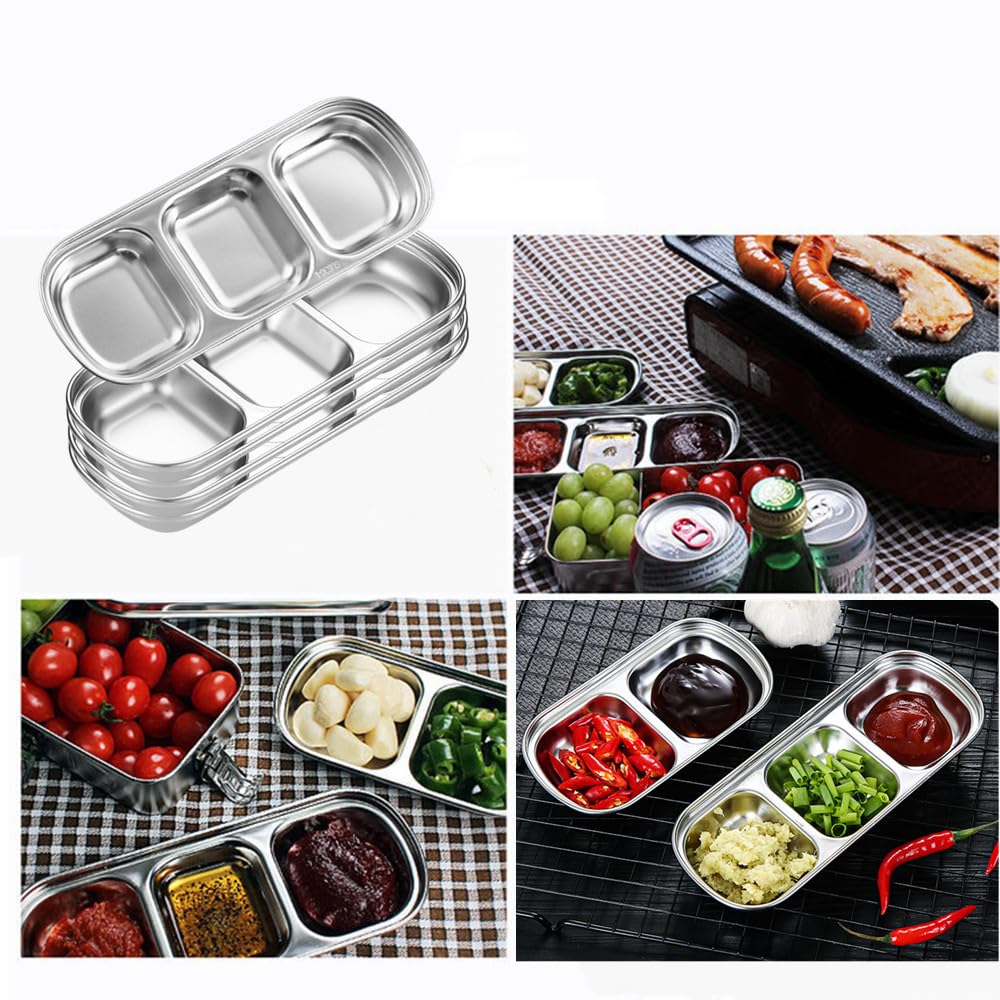 XZJMY 5Pcs Stainless Steel Dipping Bowls 3 Grids Divided Sauce Dishes Appetizer Serving Plates Small Square Seasoning Dish Condiment Server Dish for Kitchen Home,BBQ and Party Dinner (5, Silver)