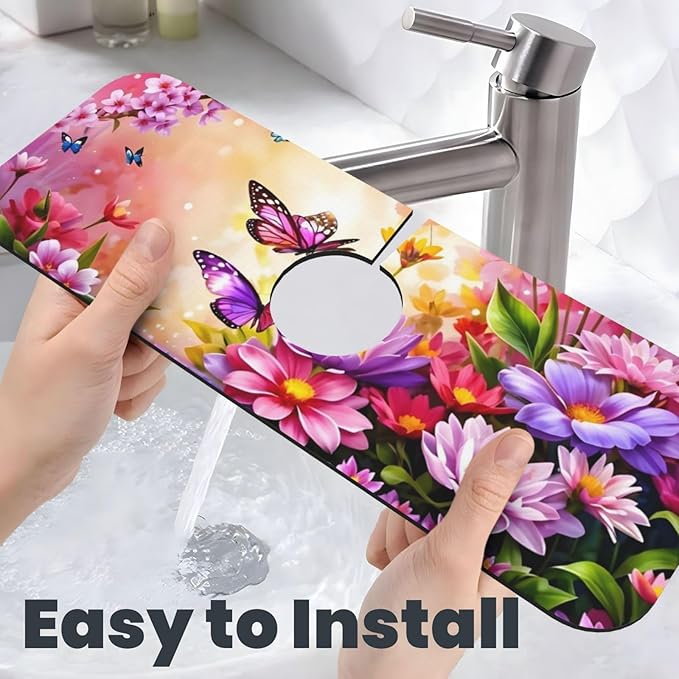 Pink butterfly flower Kitchen sink faucet pad, strong water absorption
