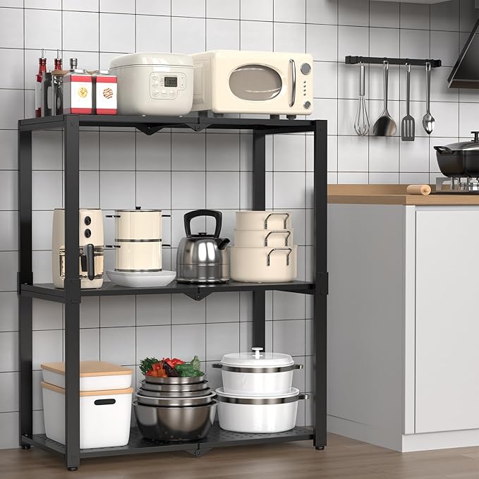3-Shelf Storage Shelving Unit Metal Rack Heavy-Duty 28"x13.5"x33.5" for Garage, Kitchen and Bedroom Layers Increased Black