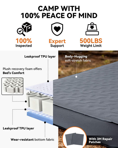 Hikenture 4" Thick Self Inflating Sleeping Pad with Electric Pump, Foam & Air Camping Mattress 2 Person Queen, 9.5 R-Value Insulated Sleeping Mat, Portable Double Camping Pad for Tent, Car, Truck
