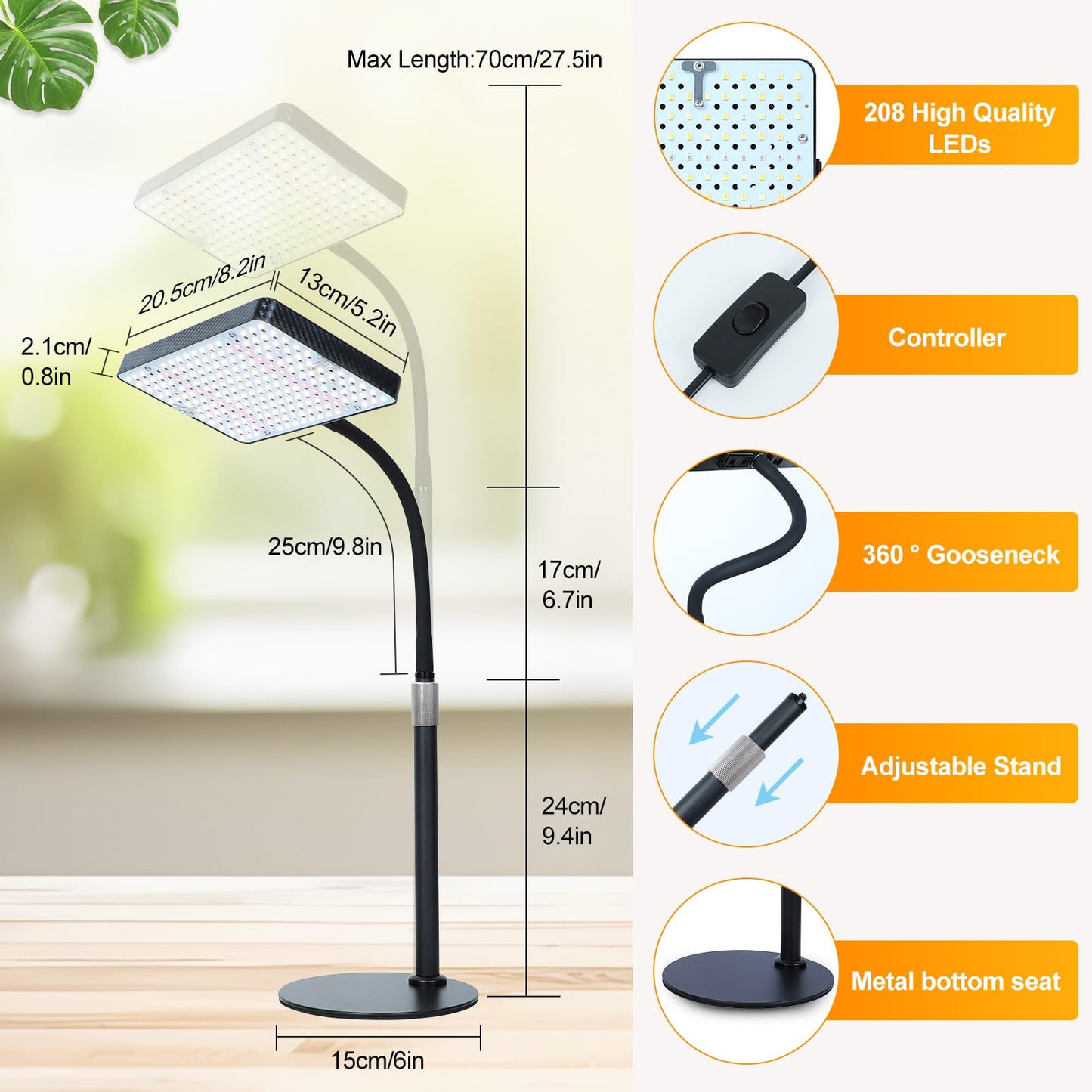 FECiDA Desk Grow Lights for Indoor Plants, Bonsai, Seed Starting, Table Top Grow Light UV-IR Full Spectrum, 25 Watt Power Draw, Bright Enough LED Growing Lamp, 16"-24" Height Adjustable