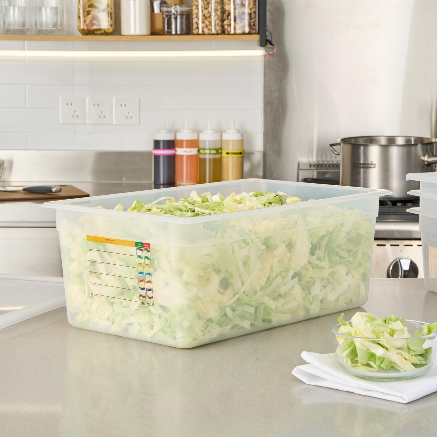 Restaurantware Food Storage Container 10 Pack of 20.7 x 12.6 x 7.8 Inches Plastic Stackable Storage Box White Reusable Label Container Dishwasher Safe For Restaurants And Kitchens