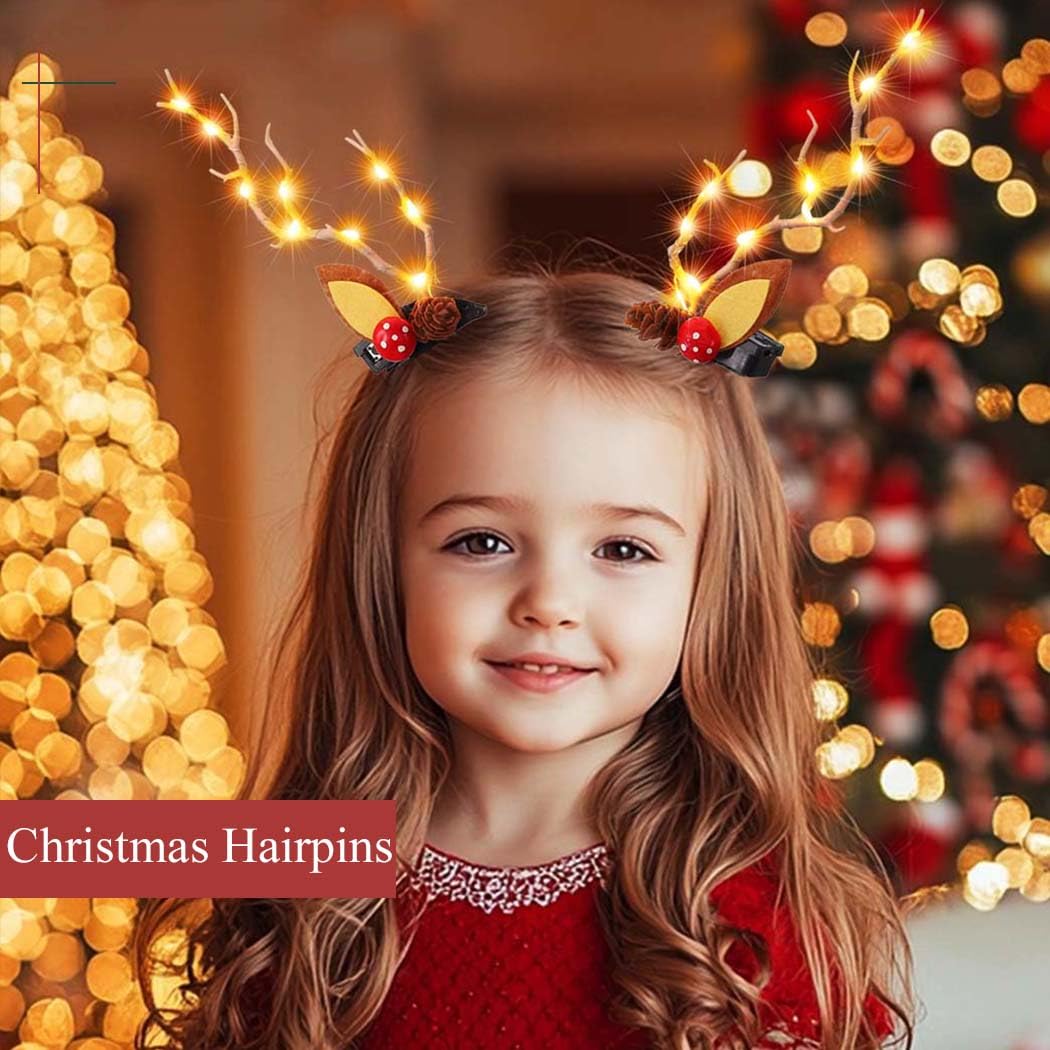 Bartosi LED Light Christmas Hair Clips Reindeer Antlers Xmas Hairpins Hair Barrettes Cute Party Cosplay Head Pieces Hair Accessories for Women and Girls (Pack of 2)