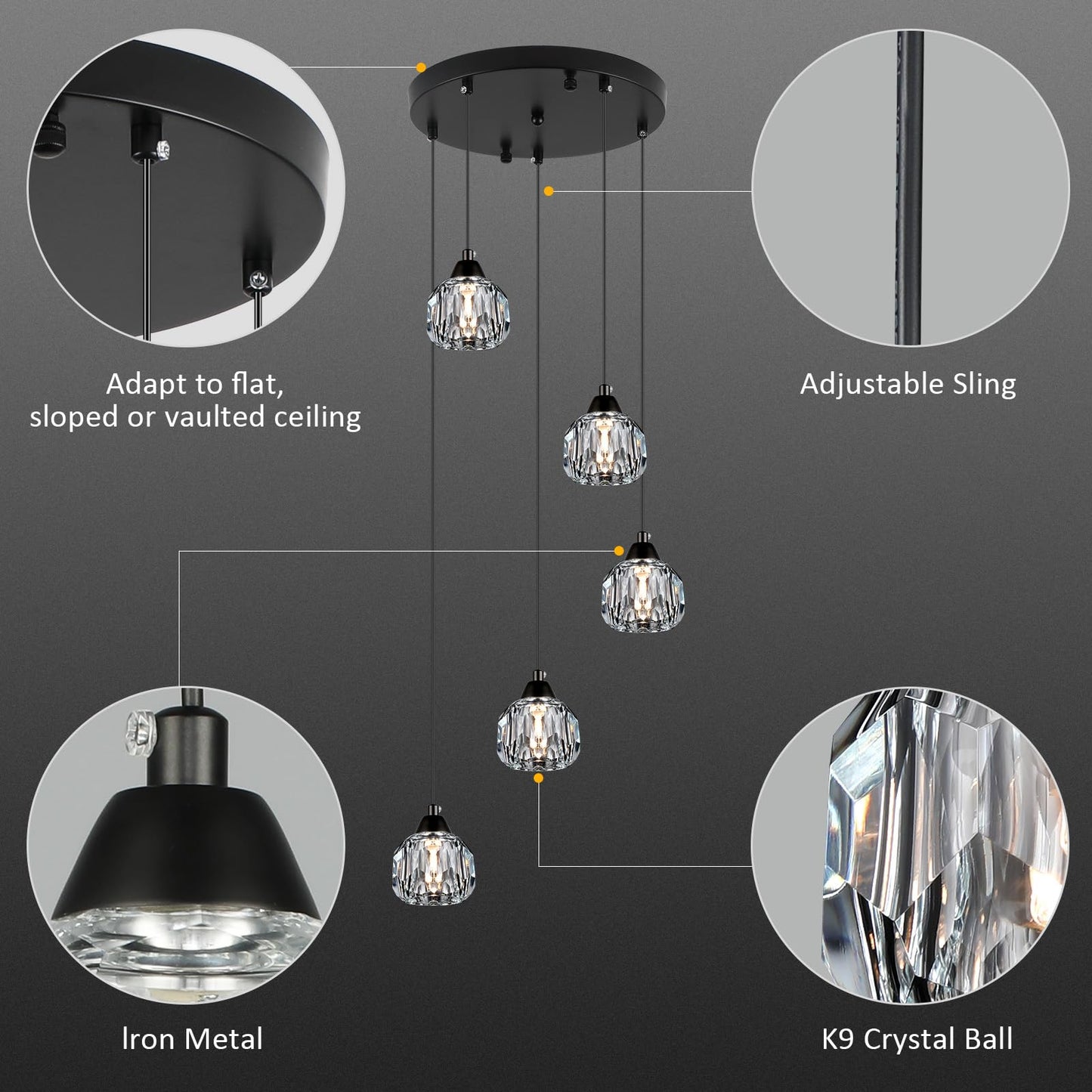 Weesalife Crystal Chandeliers for Dining Room Lights Fixture Over Table, 5-Light Black Modern Pendant Light Fixture，Crystal Chandeliers for Living Room Kitchen Island Staircases Foyer Hallway Bar