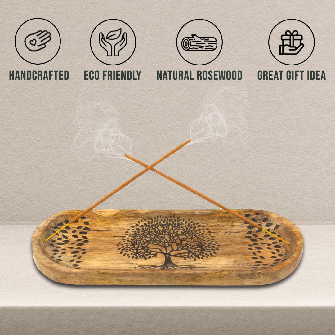 Incense Holder for Sticks Hand Carved - Tree of Life - Incense Burner/Ash Catcher- Handmade Wooden Insence Tray – Modern Gift Home/Room/Kitchen Décor 11x4x1.5 Inch
