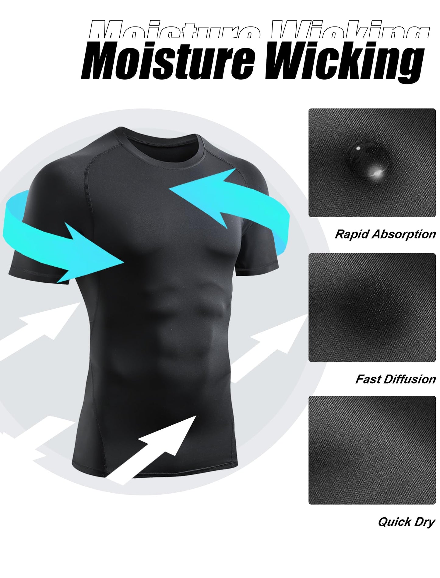 TELALEO 6 Pack Men's Compression Shirt Short Sleeve Athletic Baselayer Sports T Shirts Workout Tops for Men Black White L