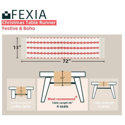 FEXIA Christmas Red Table Runner 13x72 Inches Long Christmas Runner for Table Boho Table Decor Rustic Farmhouse Xmas Decoration for Home Party Decor (Red Square)