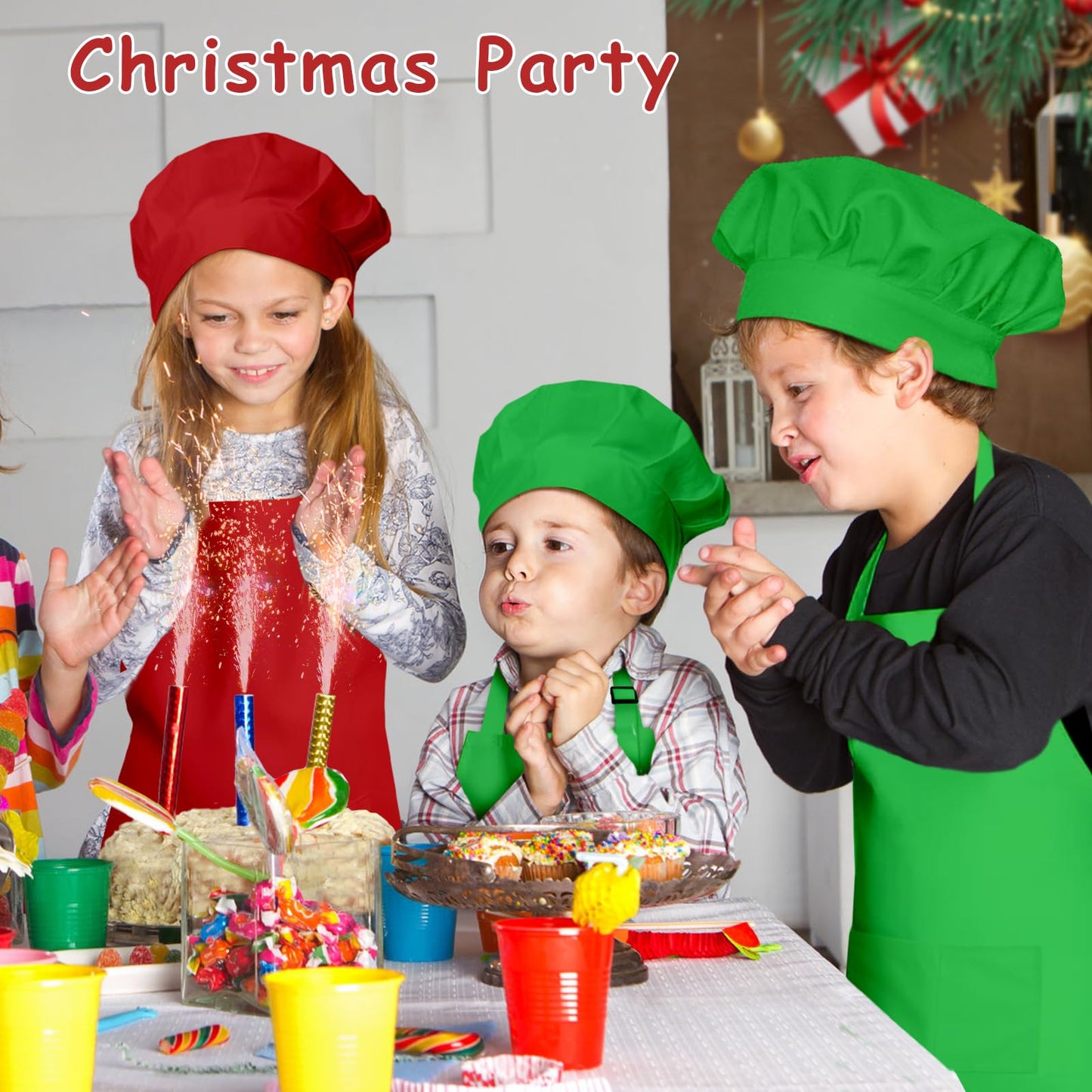 IAGBIBUI Kids Apron and Chef Hat Set, 16 Pieces Boys Girls Christmas Kids Apron with 2 Pockets Adjustable for Cooking Classroom Baking Painting, 6-13 Years(Red, Green)