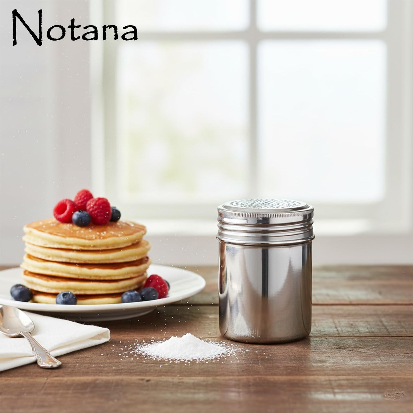 Notana 10 Ounce Stainless Steel Dredge Shaker (2 Pack) for Powder Sugar, Flour Duster for Baking, Seasoning Shaker with Lid, Metal Salt and Pepper Shakers, Cinnamon Sugar Shaker Dispenser for Kitchen