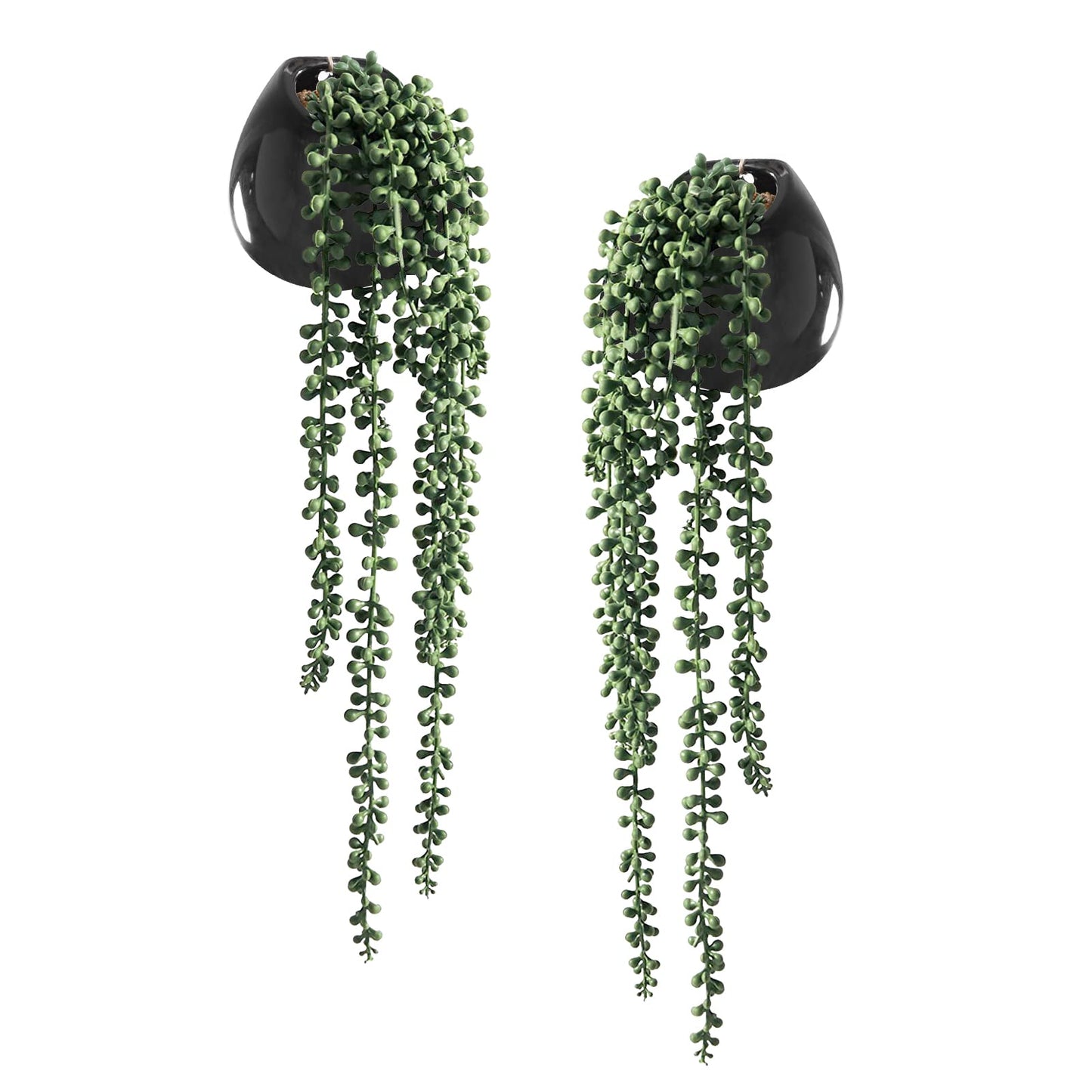 Tiita Artificial Hanging Plants, Faux Succulents in Pots, Realistic String of Pearls Plants for Home Office Accessories Window Sill Bathroom Bedroom Fake in Black Ceramic Pots, Set of 2