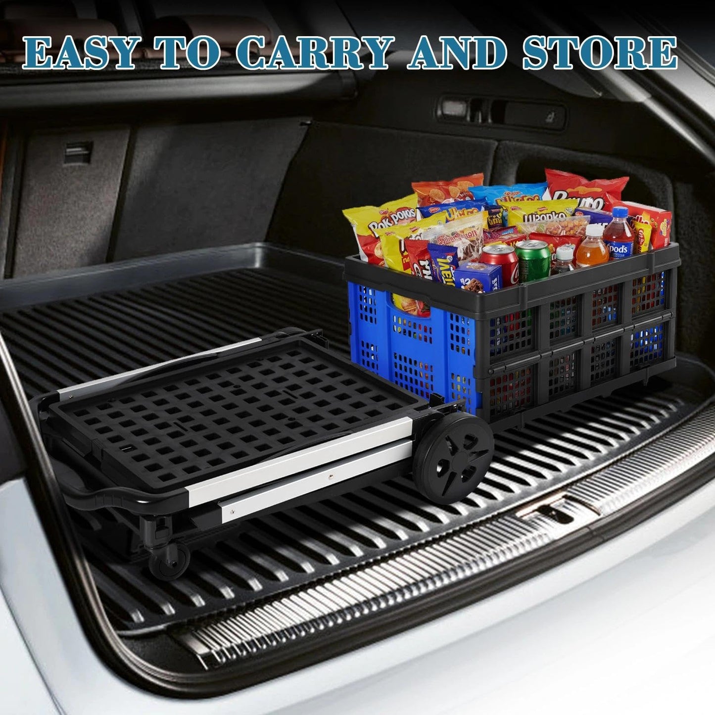 Collapsible Shopping Cart on Wheels, Folding Shopping Cart with 360° Swivel Wheels, Multi Use Utility Cart Adjustable Portable Trolley with 2 Storage Crate, Used for Picnic, Supermarket, Blue
