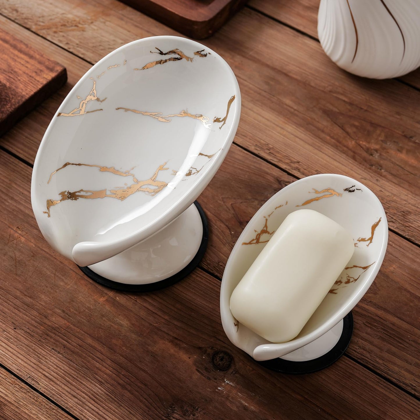 Agyiuns Soap Dish, Soap Holder Self Draining Leaf Shape Soap Dishes，White and Gold Marble Pattern Ceramic Draining Soap Tray for Shower, Bathroom Sink, Kitchen (Small Size-Marble White, 1)