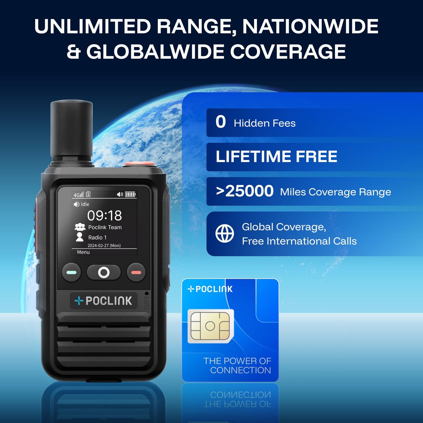 Lifetime Free Global Walkie Talkies Long Range, POC-1 Lite, 4G LTE Unlimited Range POC Two-Way Radios with Bluetooth & APP, 3000mAh Rechargeable Walkie Talkies, Support User Self-Group Creation