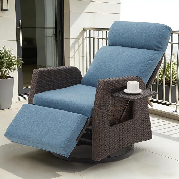 Adjustable Outdoor Recliner Chair with Independent Backrest & Footrest, Patio Swivel Recliner Chair, Wicker Reclining Patio Chair w/Flip-Up Table, Air Pump 155° Lay Flat Chaise Lounge, Blue