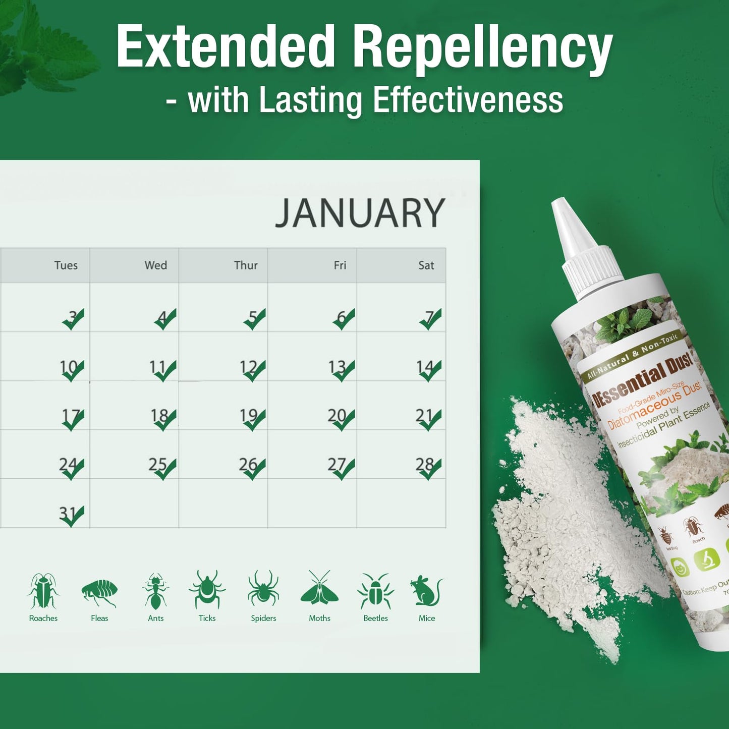 EcoVenger® DEssential Dust Peppermint | Repels and Kills Crawling Insects | Bed Bugs Roaches Ants Fleas | Food Grade DE Micro-Powder Triple Power