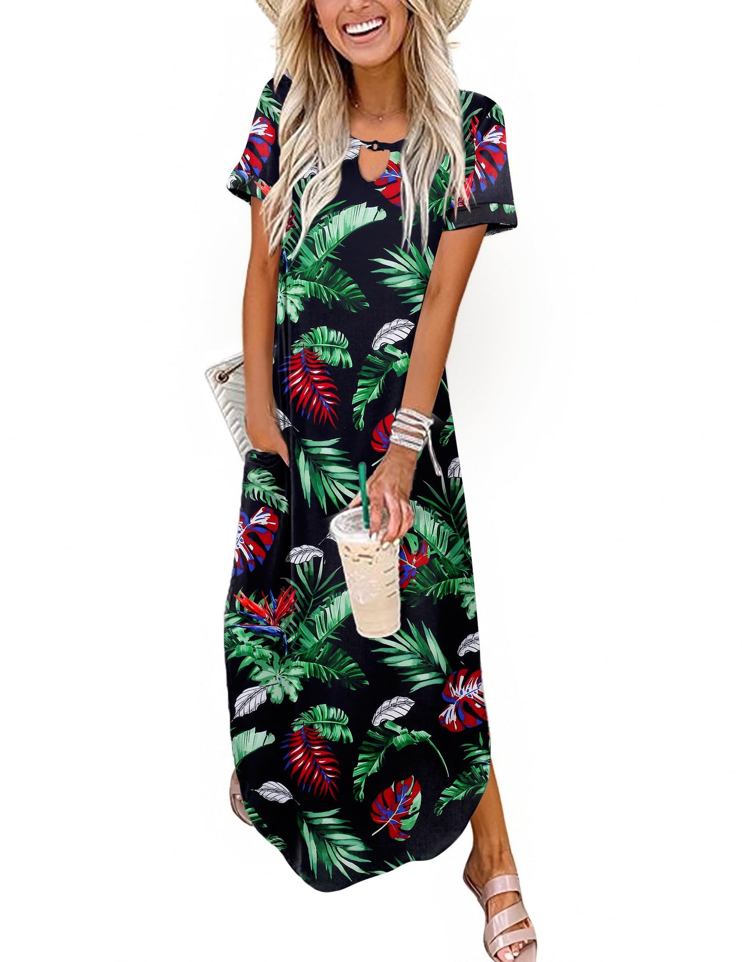 Zeagoo Womens Maxi Summer Dress with Pockets Casual Short Sleeve Sundress Trendy 2025 Curve Hem Long Dresss