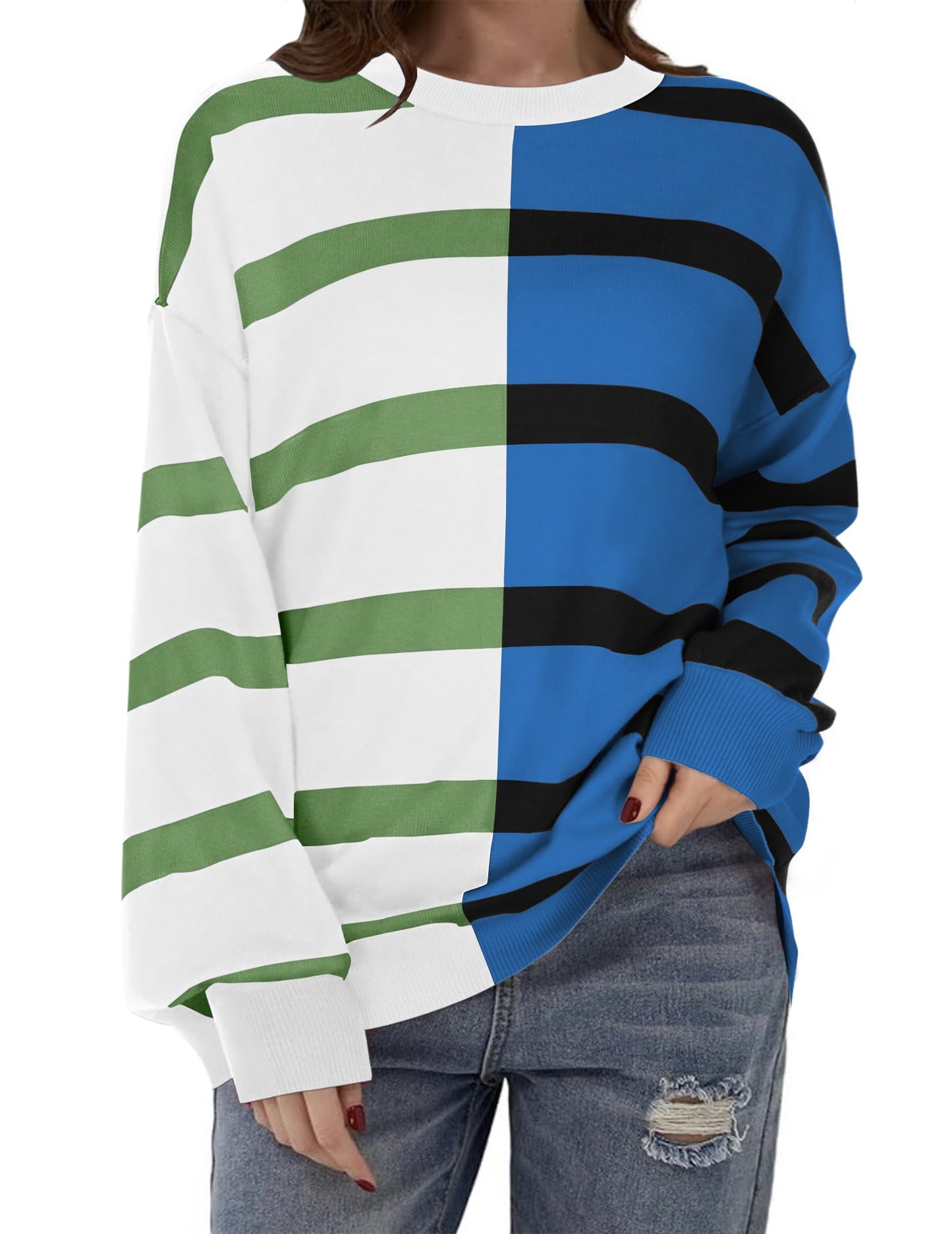 Zeagoo Womens Striped Oversized Sweater 2025 Crew Neck Long Sleeve Knitted Color Block Casual Loose Pullover Top