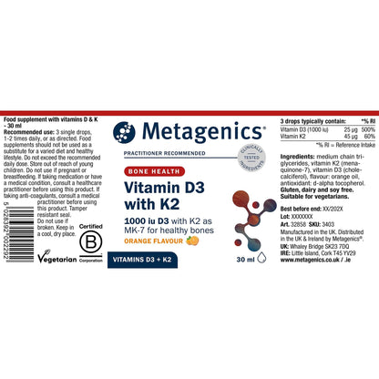 Metagenics Vitamin D3 with K2 Liquid Drops - Bone Health & Immunity - Orange, 30ml