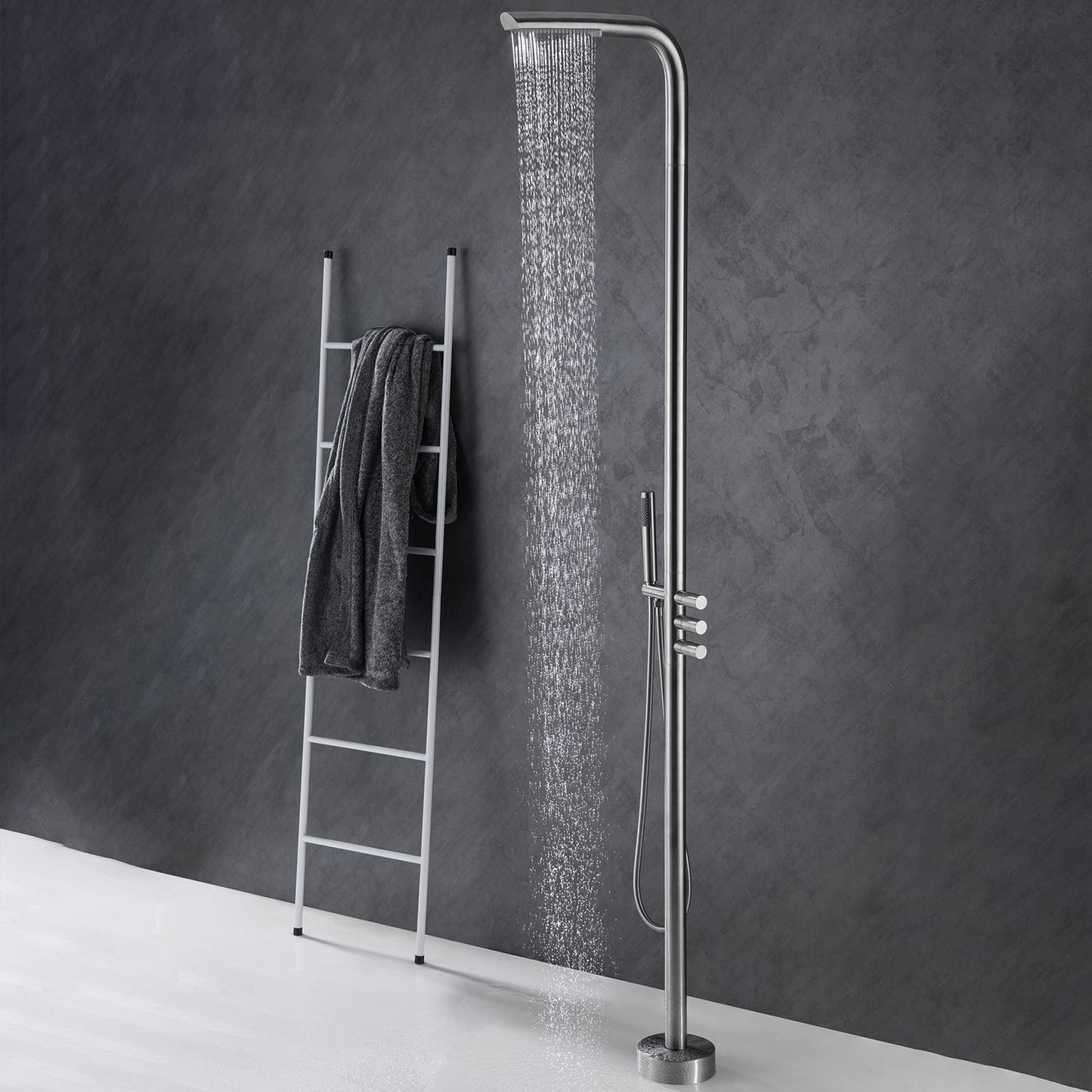 RBROHANT Outdoor Shower Brass Outside Shower Kit for Backyard Garden Pool Beach, Freestanding Outdoor Shower Fixtures with Overhead Shower Head and Handheld, Floor Mounted, Brushed Nickel, RB0089