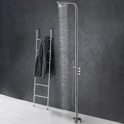 RBROHANT Outdoor Shower Brass Outside Shower Kit for Backyard Garden Pool Beach, Freestanding Outdoor Shower Fixtures with Overhead Shower Head and Handheld, Floor Mounted, Brushed Nickel, RB0089
