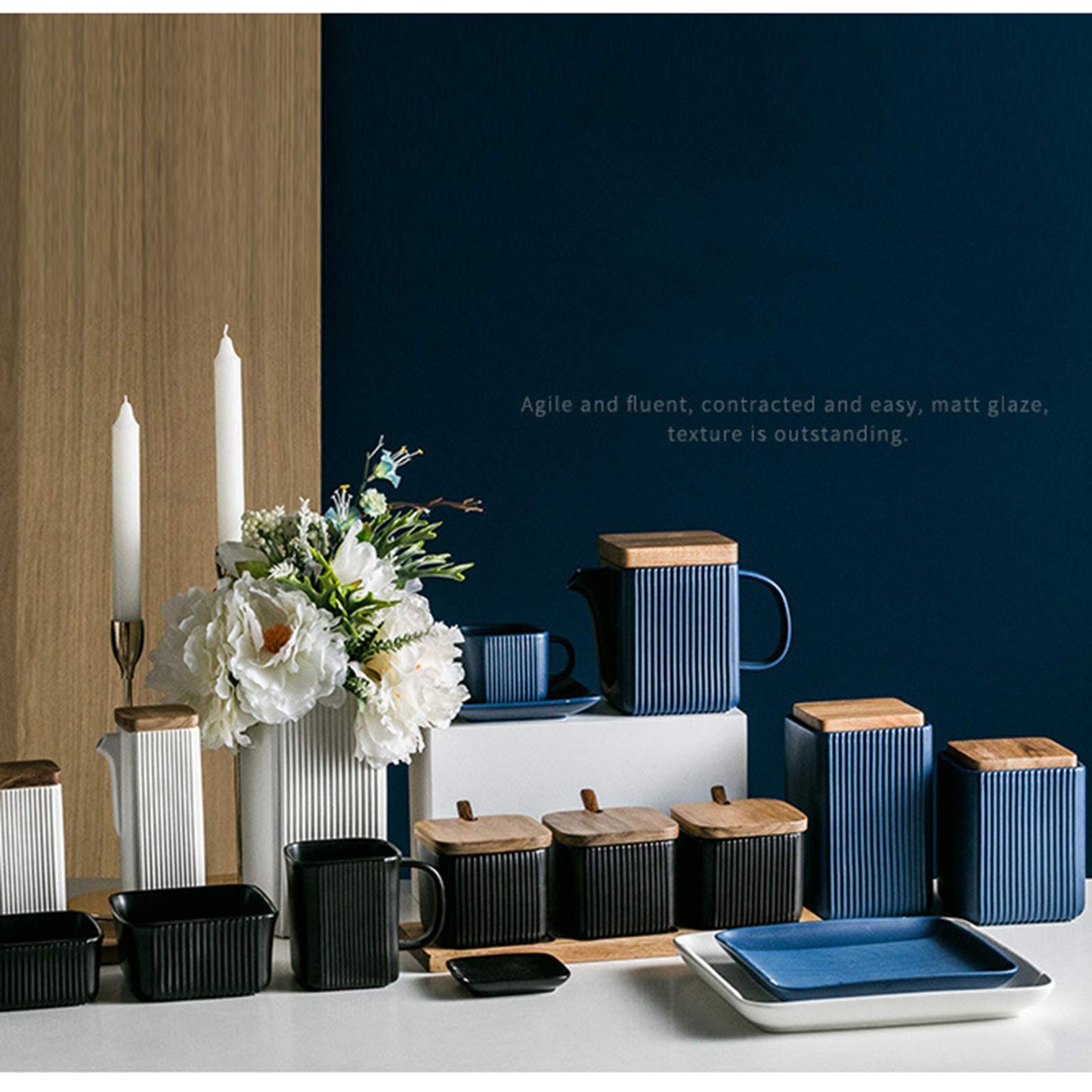 BIHOIB Black Porcelain Sugar Bowl Condiment Pot Salt Container with Wooden Lid, Spoon and Tray, Modern Spice Box Seasoning Jar, Set of 3