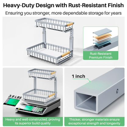 Under Sink Organizer, 2 Packs 2 Tier Under Sink Organizers and Storage, Slide out Pull out Cabinet Organizer Shelf, Metal Sliding Drawer for Kitchen Bathroom Pantry Cabinet Closet Organization Rack