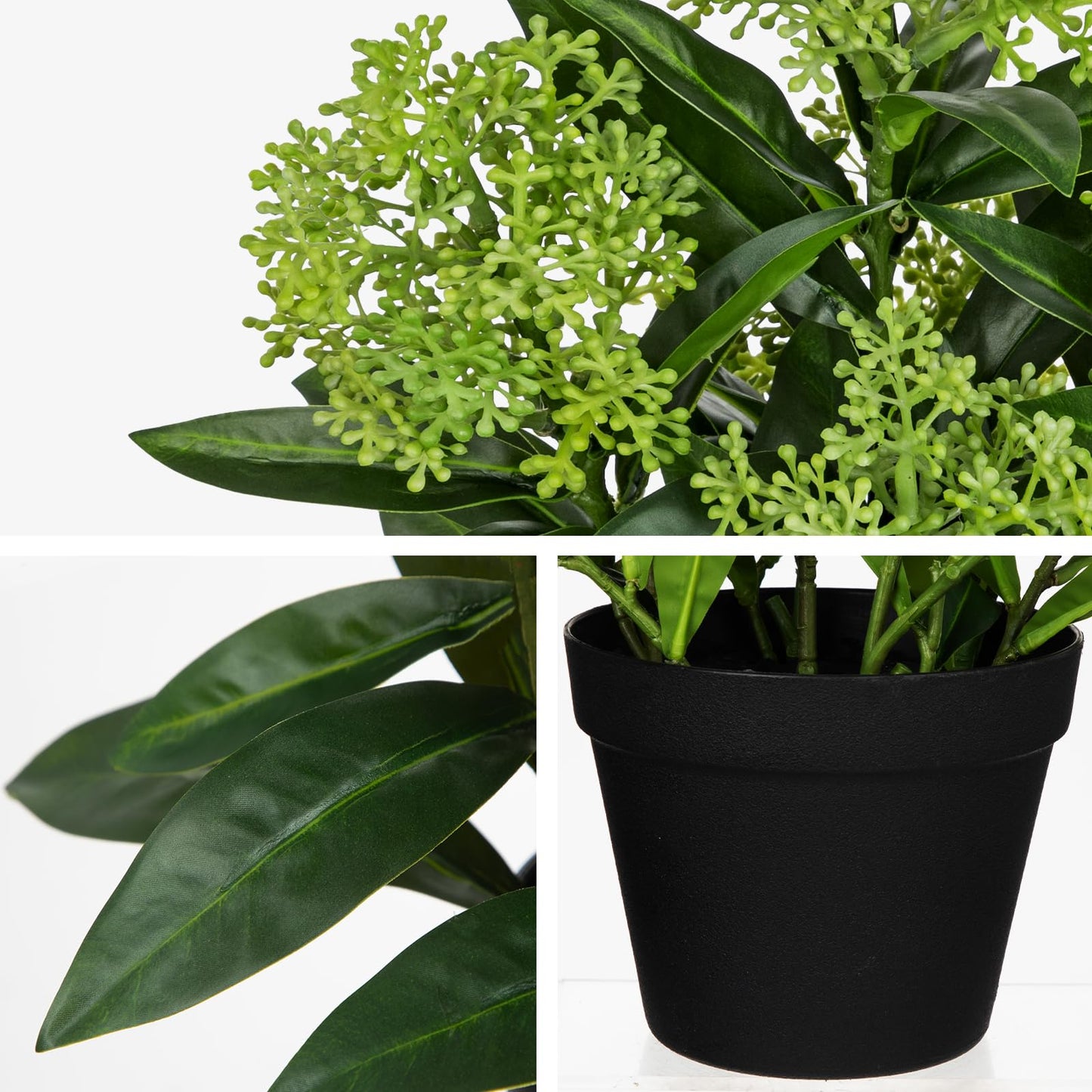 Briful Artificial Skimmia Japonica Plant in Pot, 20.8" Tall Faux Green Berry Flowers with Black Pot, Realistic Potted Floral Arrangement for Home Office Table Shelf Decor