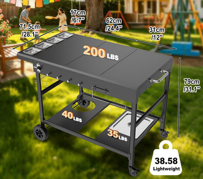 Barbqtime Pizza Oven Table with Topping Station, Outdoor Pizza Oven Cart, Grill Cart for Ninja, Cuisinart, Gozney, Movable BBQ Prep Table Station with Seasoning Tray for Patio, Kitchen, Backyard