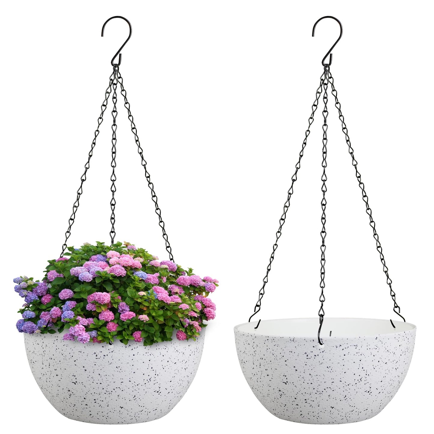 Meowell 8 inch Hanging Planters for Small Indoor Outdoor Plants, 2 Pack Hanging Flower Pots with Drainage Holes and Chain for Garden Porch, Plastic Hanging Baskets for House Plants, Speckled White