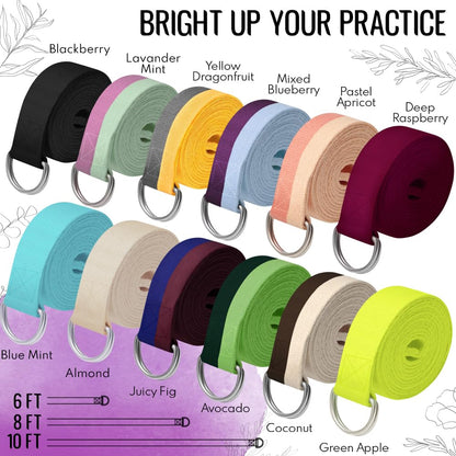 TECEUM Yoga Strap & Mat Strap – 2 in 1 – Cotton – 6 ft 8 ft 10 ft (30+ Colors) – Adjustable Non-Slip Belt for Yoga, Pilates, Stretching, Physical Therapy, Fitness & Home Workout – for Carrying Mats
