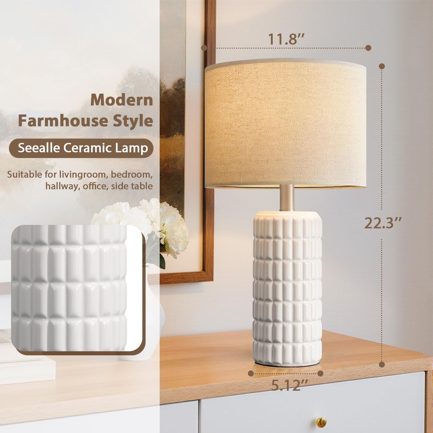 23" Modern Ceramic Table Lamps Set of 2 - Table Lamps for Living room, Farmhouse Bedside Night Stands Lamp for Bedroom, White Boho Nightstand Lamps Set of 2, Desk Lamp for End Table Home Decor