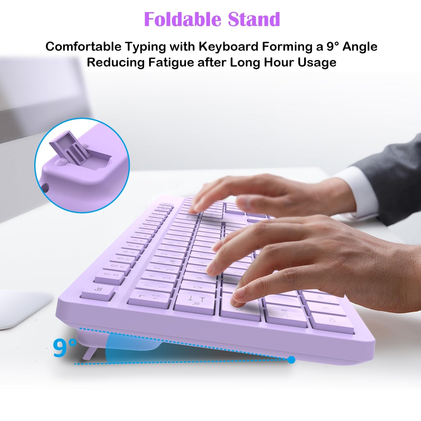 LeadsaiL Wireless Keyboard and Mouse Set, 2.4GHz USB Computer Keyboards and Mouse Combo, Full Size UK QWERTY Layout, Ergonomic Design with 12 Multimedia Shortcuts for HP/Lenovo Laptop and Mac-Purple