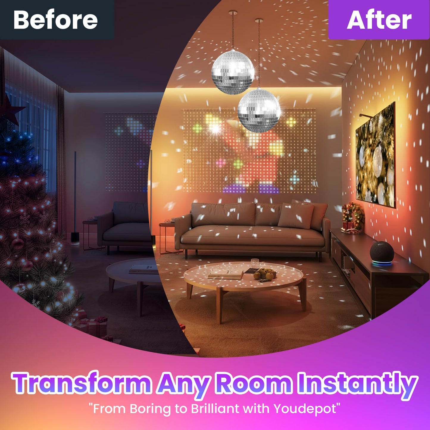 Youdepot Disco Ball 4" Inch 2-Pack,Silver Hanging Ball with Attached String for Ring,Reflects Light,Fun Party Home Bands Decorations,Party Favor.